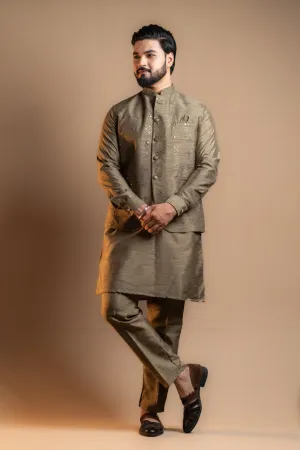 Olive Green Embroidered Kurta Set with Jacket