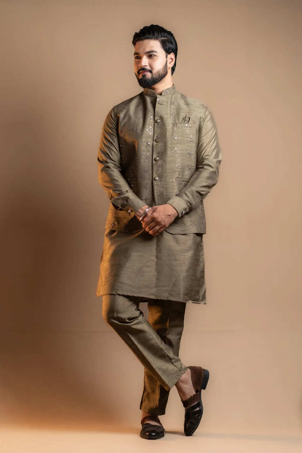 Olive Green Embroidered Kurta Set with Jacket