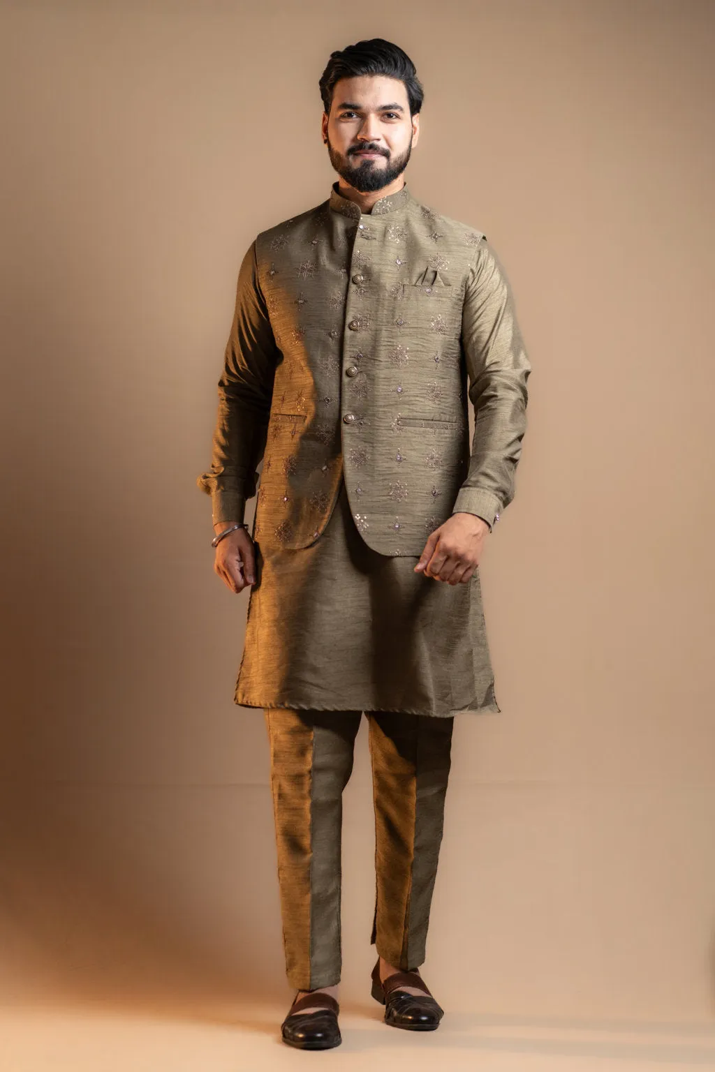 Olive Green Embroidered Kurta Set with Jacket