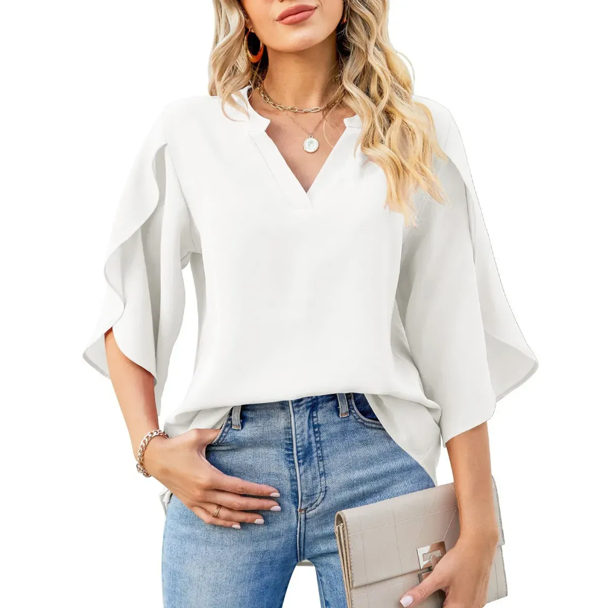 Pizzazz V-Neck Split 3/4 Sleeve Flowy Blouse