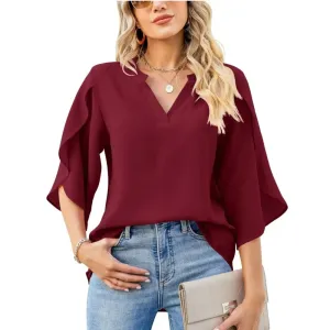 Pizzazz V-Neck Split 3/4 Sleeve Flowy Blouse