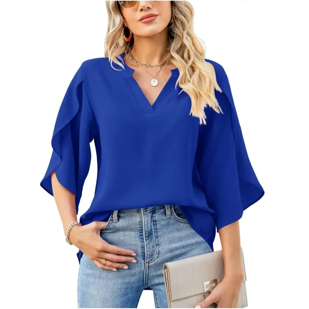 Pizzazz V-Neck Split 3/4 Sleeve Flowy Blouse