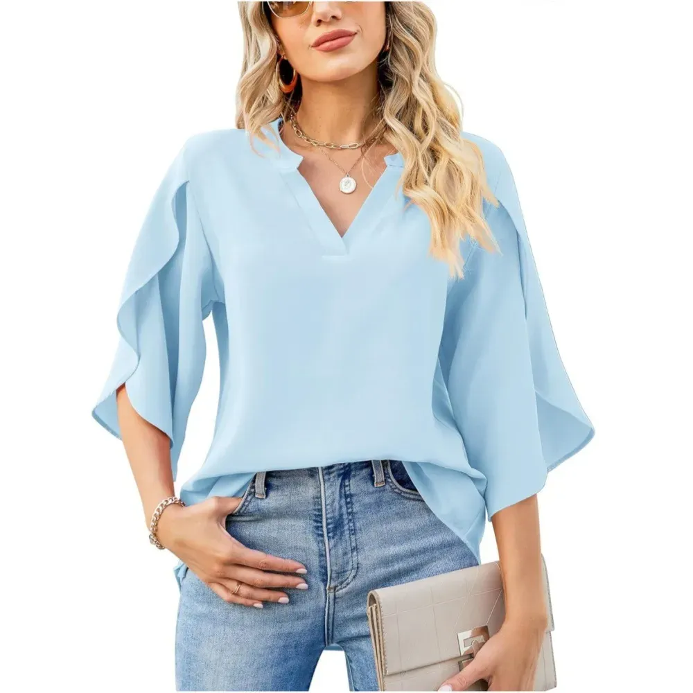 Pizzazz V-Neck Split 3/4 Sleeve Flowy Blouse