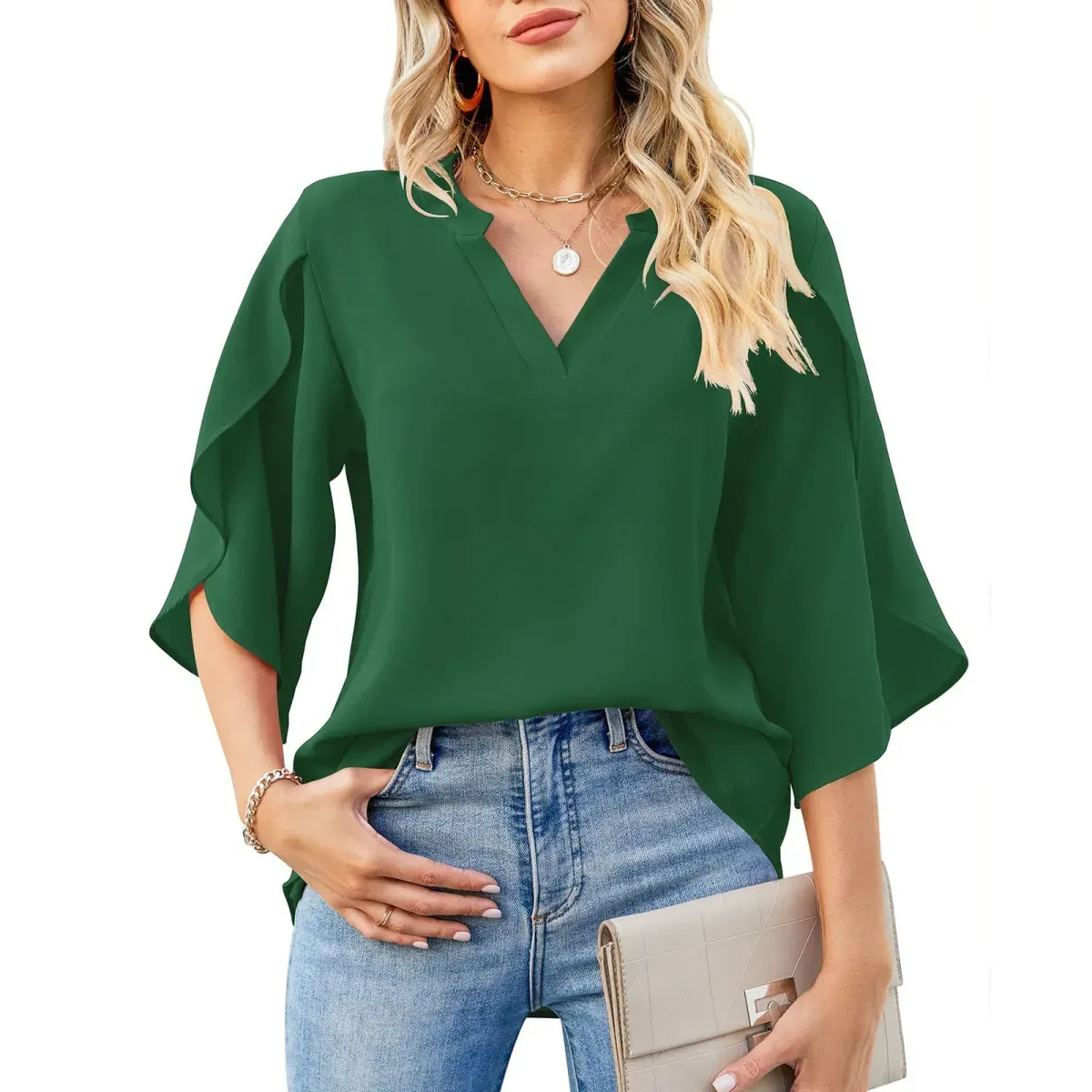 Pizzazz V-Neck Split 3/4 Sleeve Flowy Blouse