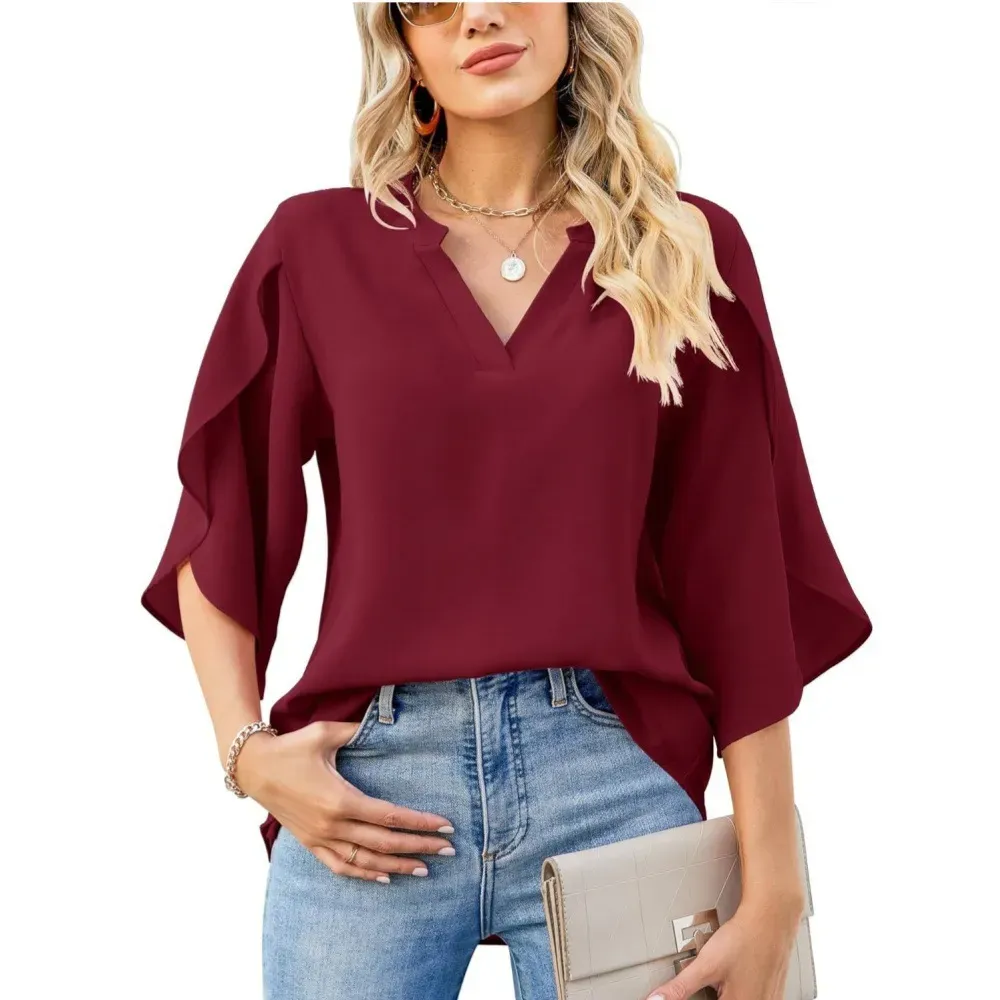 Pizzazz V-Neck Split 3/4 Sleeve Flowy Blouse