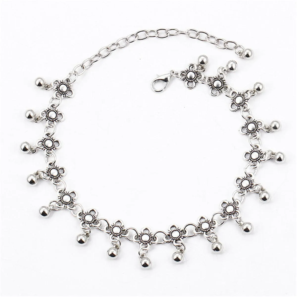 Silver-Plated Bell Floral Station Anklet
