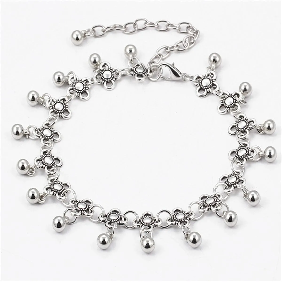 Silver-Plated Bell Floral Station Anklet