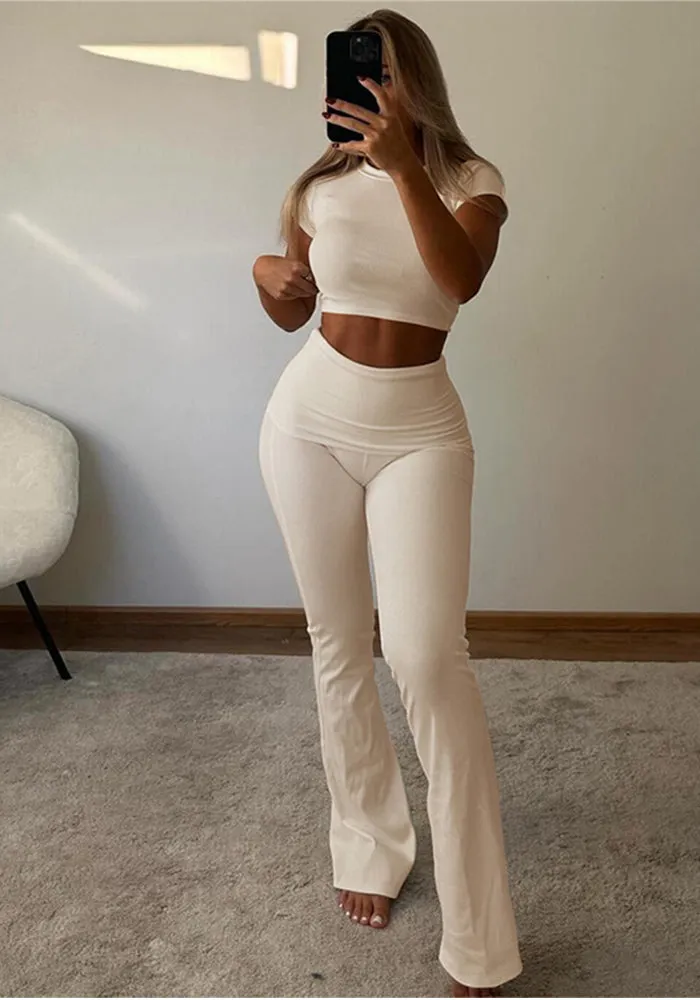 Sleek High-Waisted Flare Pants and Fitted Crop Top Two-Piece Set