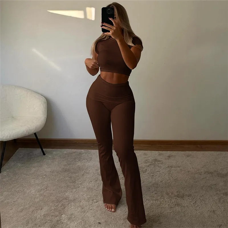 Sleek High-Waisted Flare Pants and Fitted Crop Top Two-Piece Set