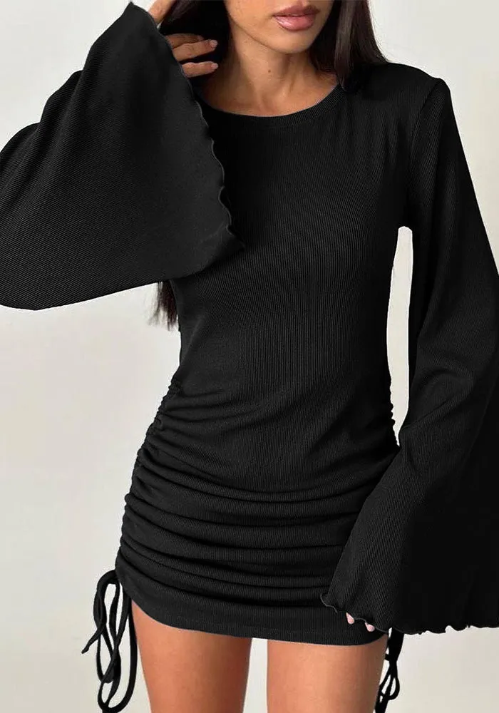 Stylish Bell Sleeve Ruched Drawstring Knit Mini Dress