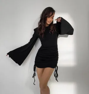 Stylish Bell Sleeve Ruched Drawstring Knit Mini Dress
