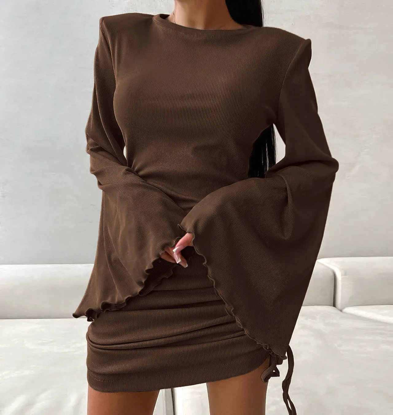 Stylish Bell Sleeve Ruched Drawstring Knit Mini Dress
