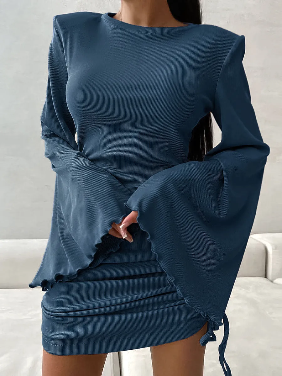 Stylish Bell Sleeve Ruched Drawstring Knit Mini Dress