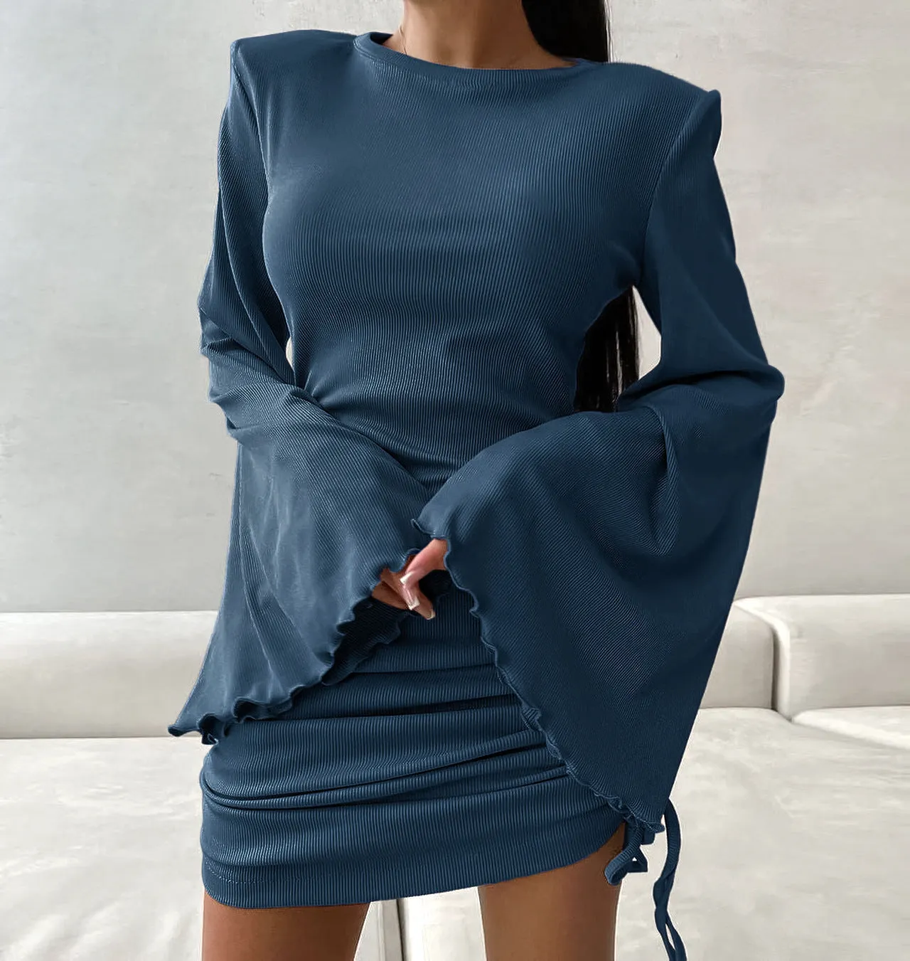 Stylish Bell Sleeve Ruched Drawstring Knit Mini Dress