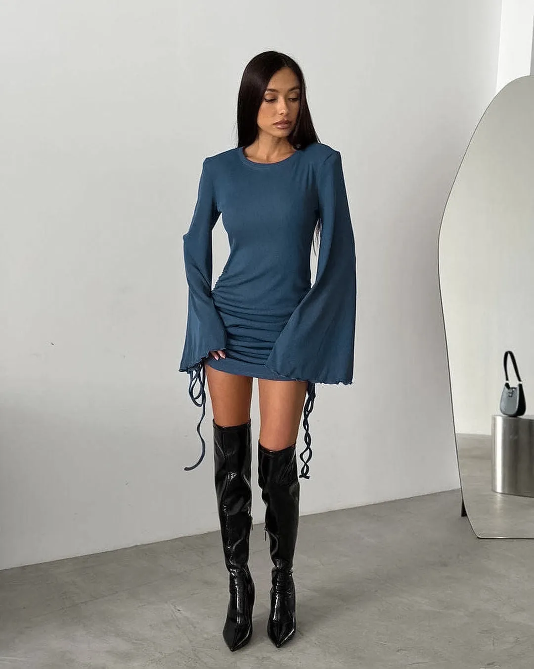 Stylish Bell Sleeve Ruched Drawstring Knit Mini Dress
