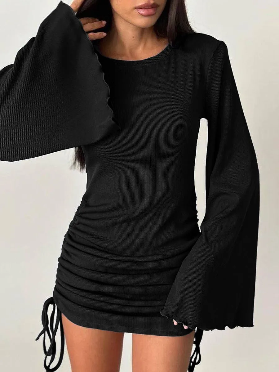 Stylish Bell Sleeve Ruched Drawstring Knit Mini Dress