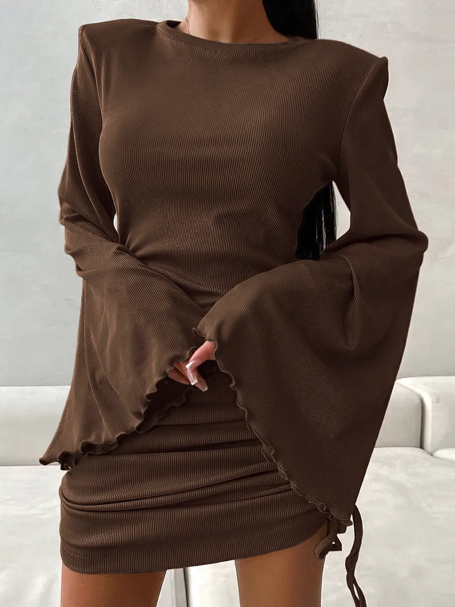 Stylish Bell Sleeve Ruched Drawstring Knit Mini Dress