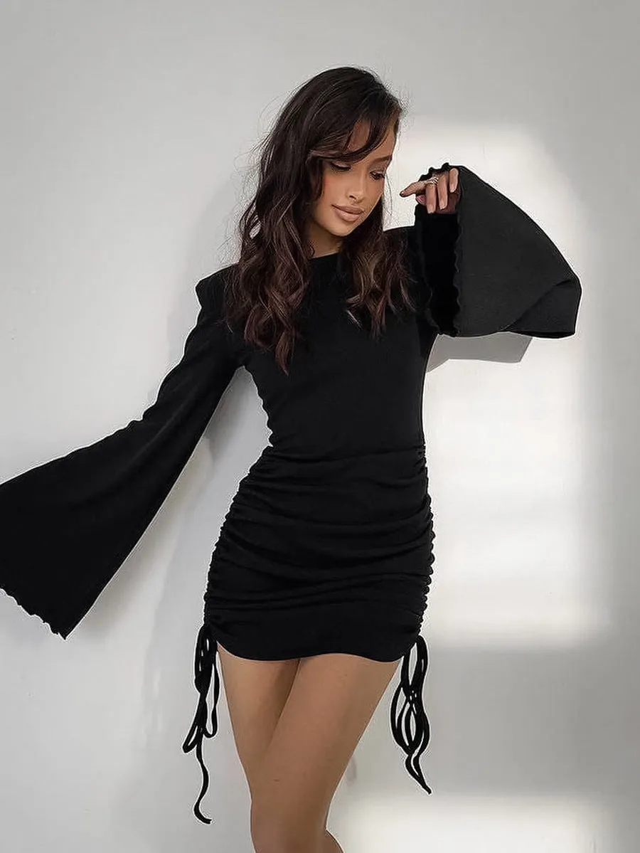 Stylish Bell Sleeve Ruched Drawstring Knit Mini Dress