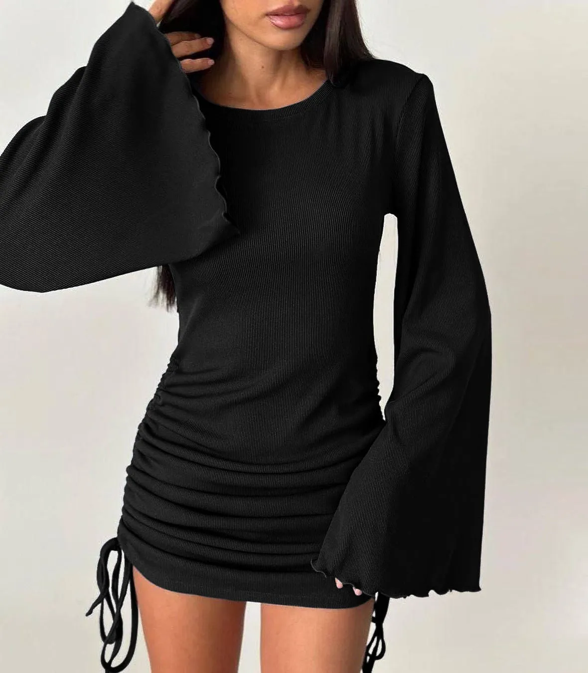 Stylish Bell Sleeve Ruched Drawstring Knit Mini Dress