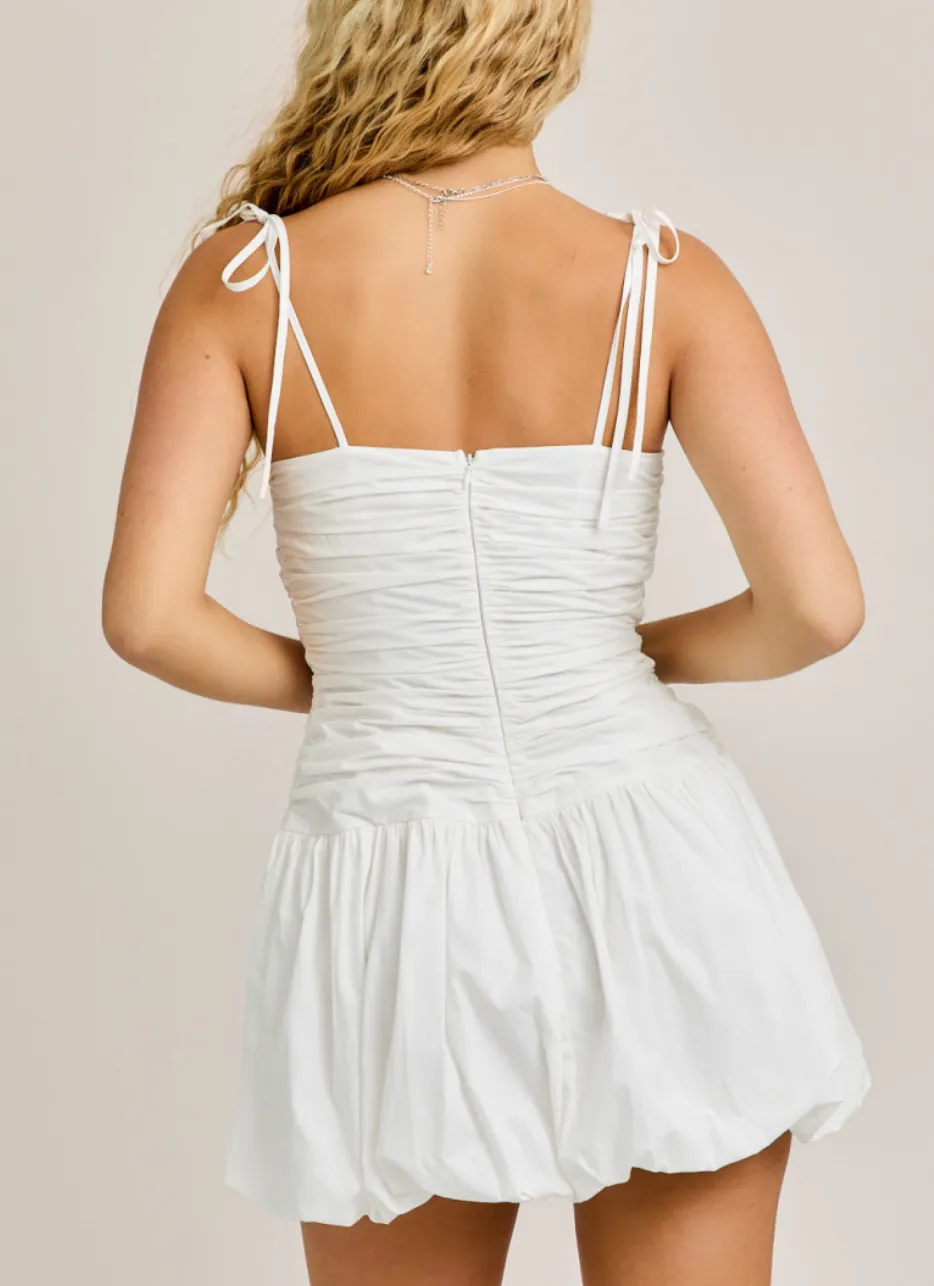 Tie Strap Ruched Bubble Hem Mini Dress