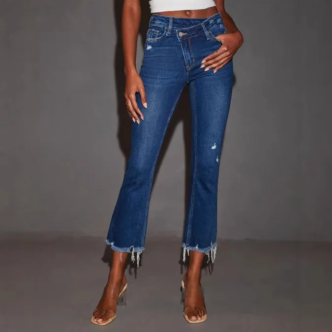 Trendy Distressed Raw Hem Cropped Denim Jeans for Effortless Chic