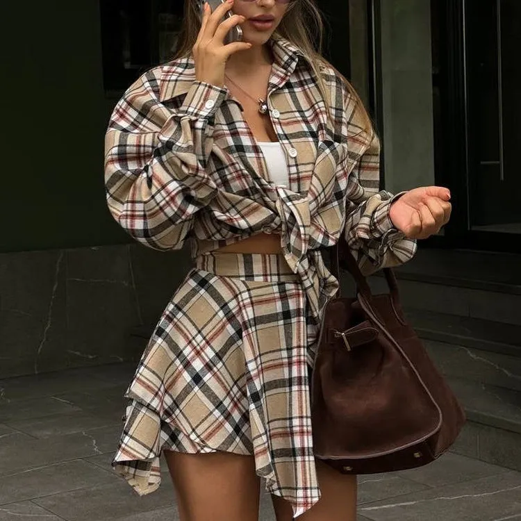 Trendy Plaid Button-Up Shirt and Irregular Skirt Two-Piece Set