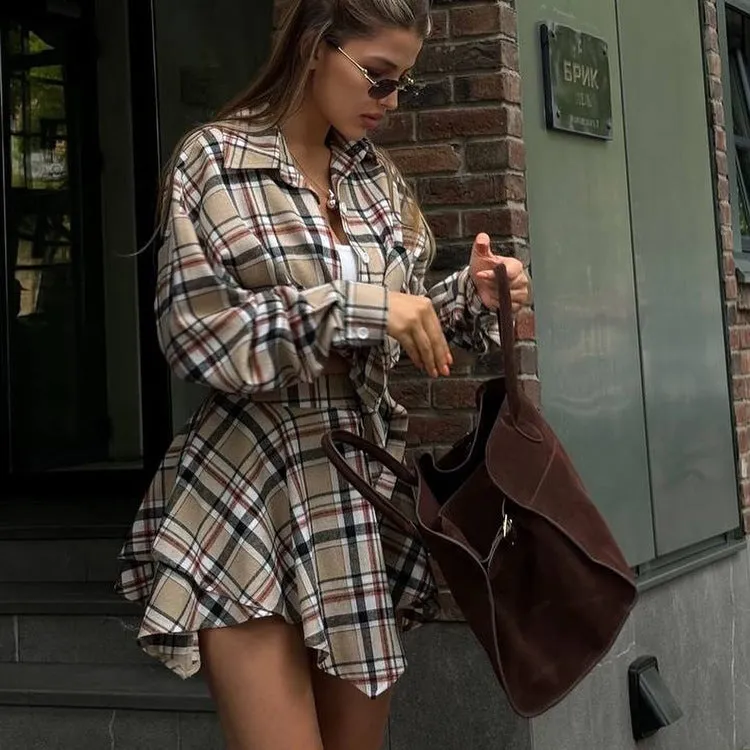 Trendy Plaid Button-Up Shirt and Irregular Skirt Two-Piece Set