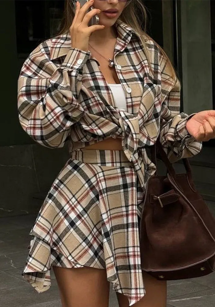 Trendy Plaid Button-Up Shirt and Irregular Skirt Two-Piece Set