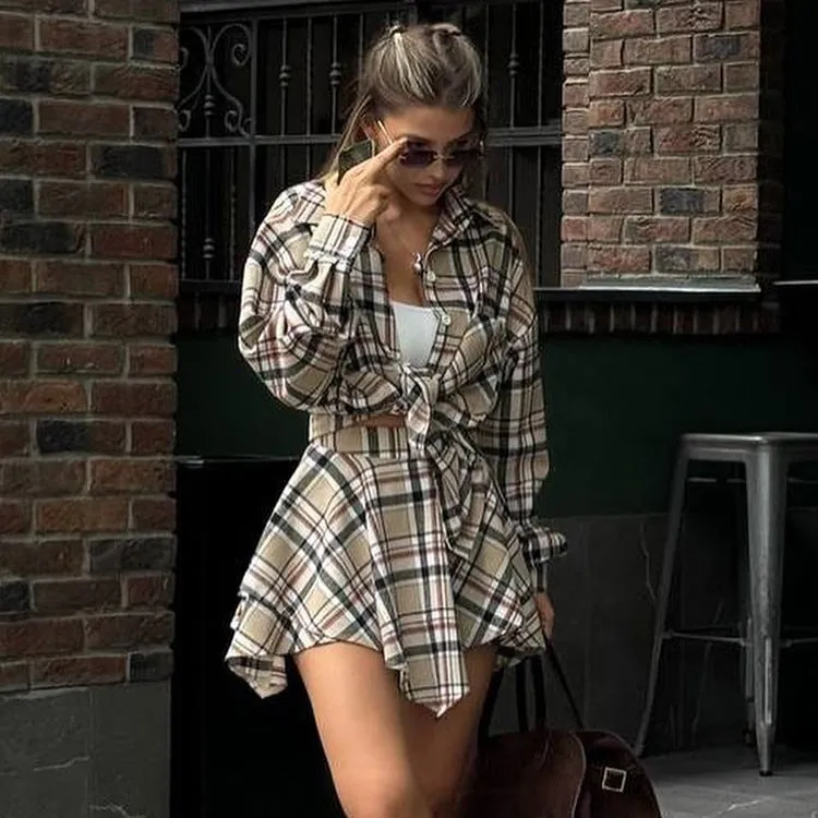 Trendy Plaid Button-Up Shirt and Irregular Skirt Two-Piece Set