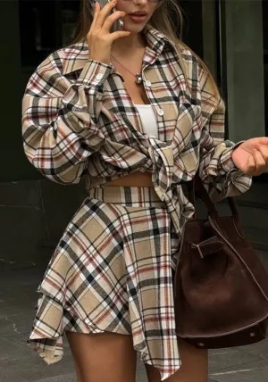 Trendy Plaid Button-Up Shirt and Irregular Skirt Two-Piece Set