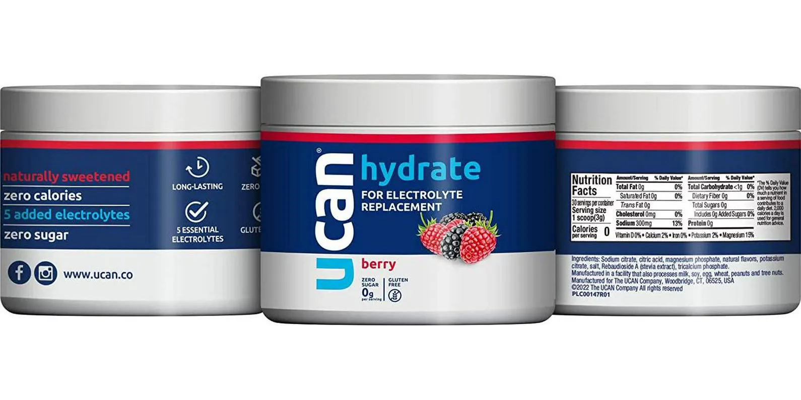 UCAN Hydrate Electrolyte Drink Mix Jar 3.15 oz , Berry, 30 Servings