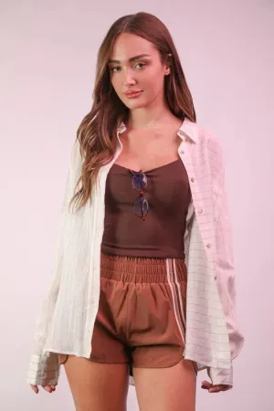 VERY J Plus Size Oversized Striped Button Down Shirt Top