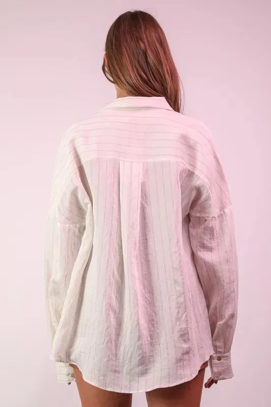 VERY J Plus Size Oversized Striped Button Down Shirt Top