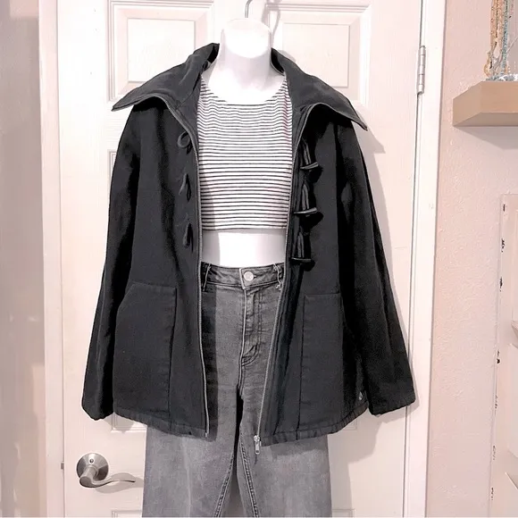 Volcom Vintage Black Pea Coat Zipper Button Front M