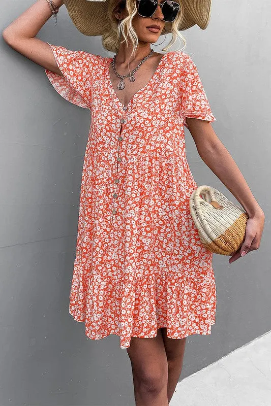 Women's Floral Short Sleeve V Neck Midi Length Dress