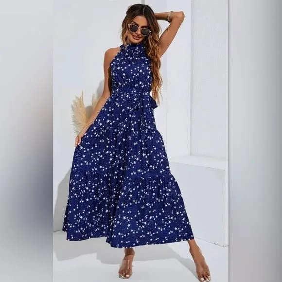 Women's FS Collection Night Sky Halter Neck Maxi Layer Dress In Navy & White Little Stars