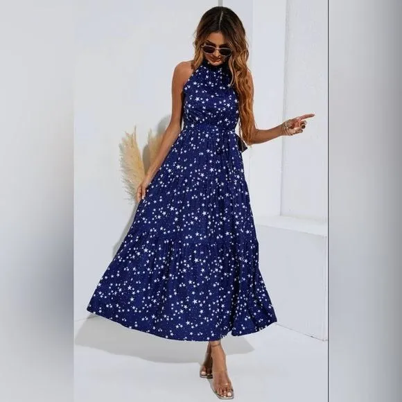 Women's FS Collection Night Sky Halter Neck Maxi Layer Dress In Navy & White Little Stars