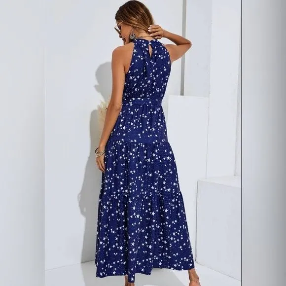Women's FS Collection Night Sky Halter Neck Maxi Layer Dress In Navy & White Little Stars