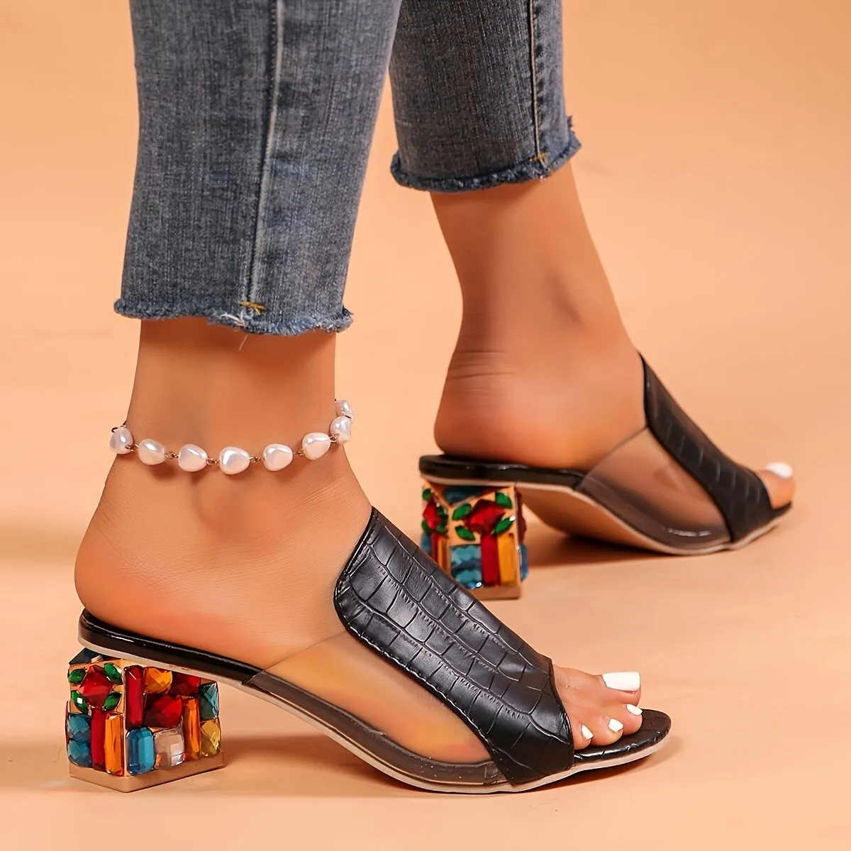 xieyinshe  Women's Trendy Chunky Heel Sandals, Fashion Open Toe Dress Pumps, Stylish Slip On Heels