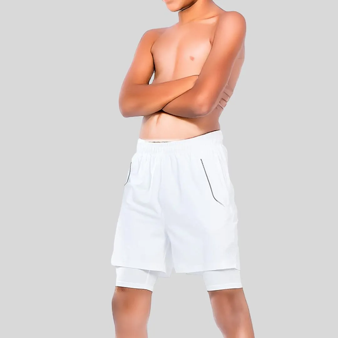 YOUTH 2 IN 1 WHITE RUNNING SHORTS